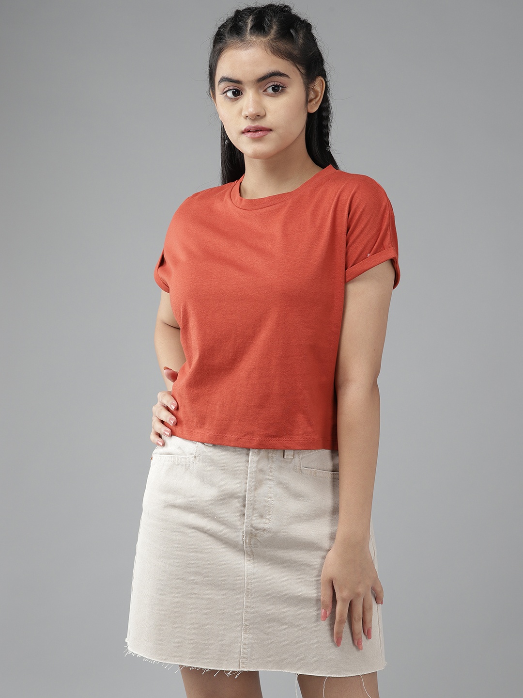 

UTH by Roadster Girls Rust Red Pure Cotton Crop Top