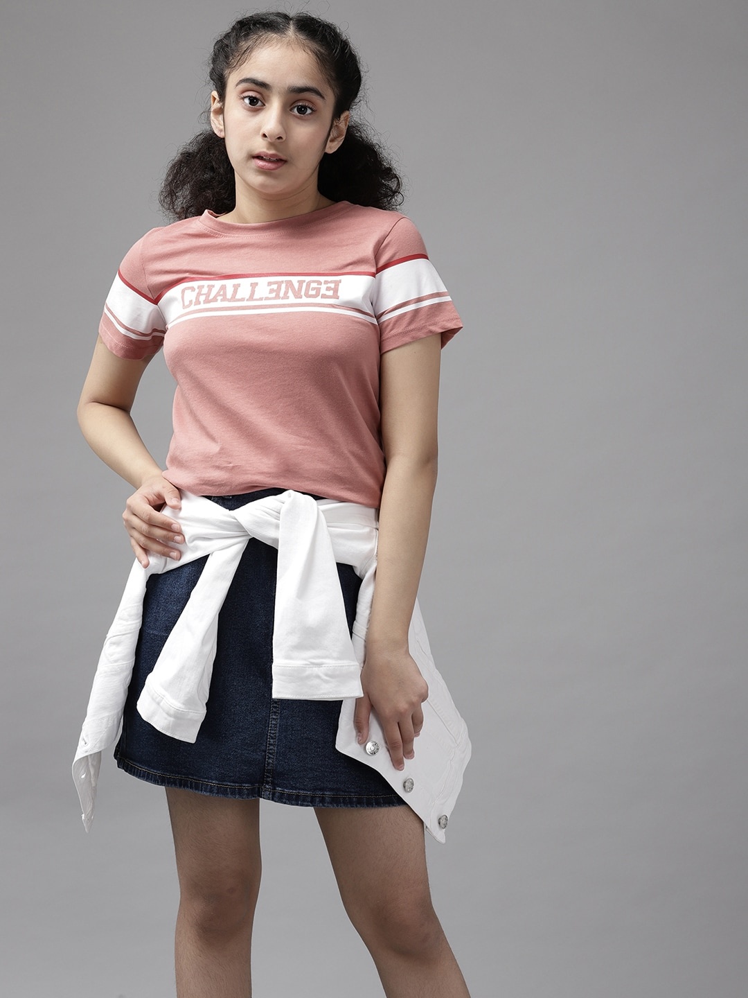 

UTH by Roadster Girls Pink & White Striped Cotton T-shirt
