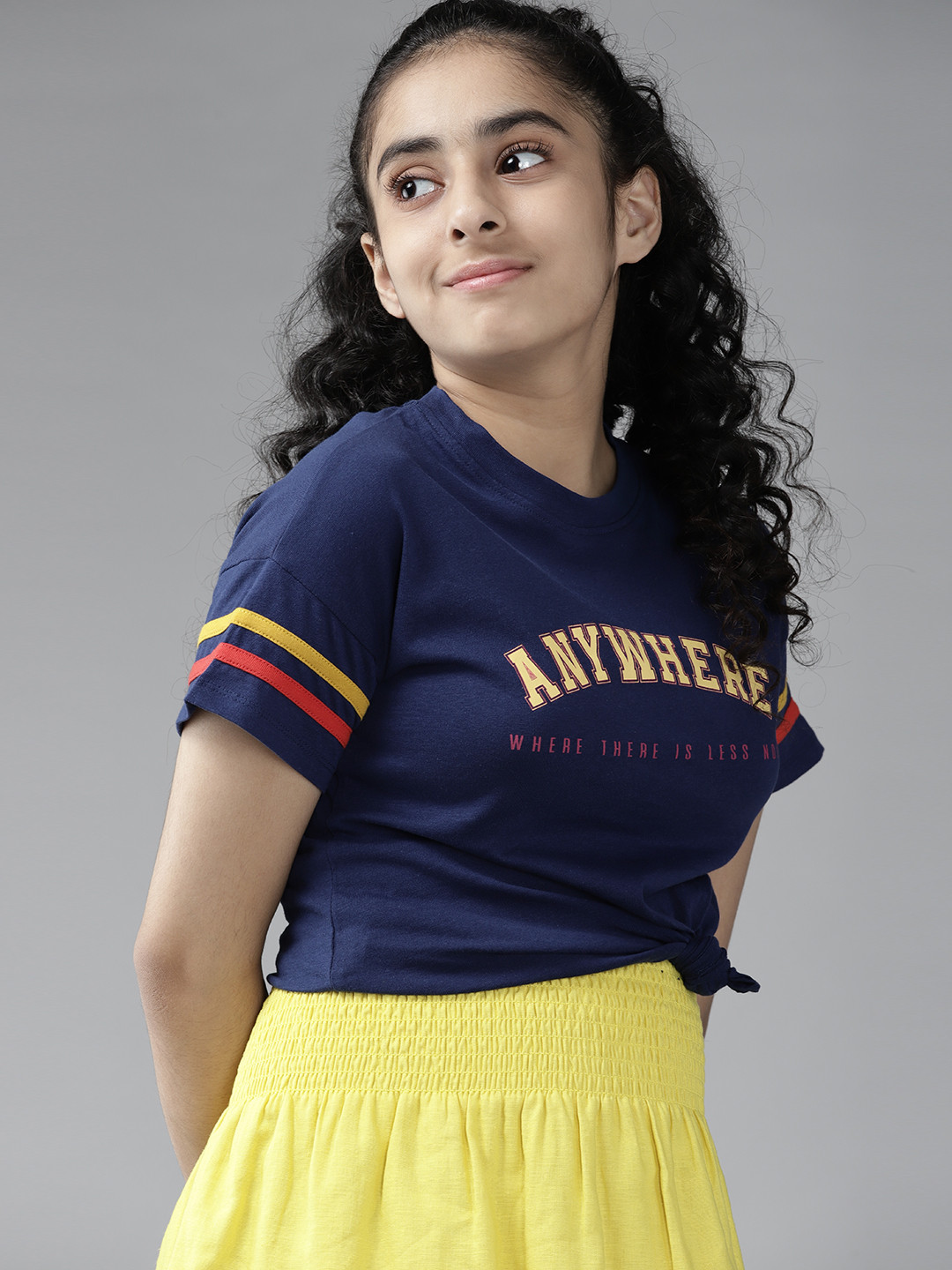 

UTH by Roadster Girls Navy Blue & Yellow Typography Printed Pure Cotton T-shirt