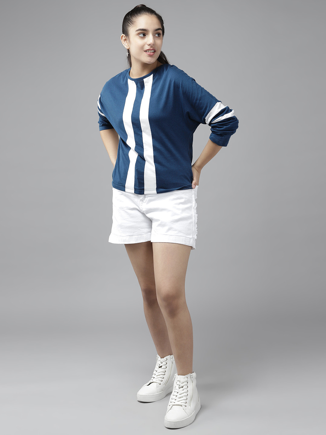 

UTH by Roadster Girls Teal Blue & White Striped Pure Cotton T-shirt