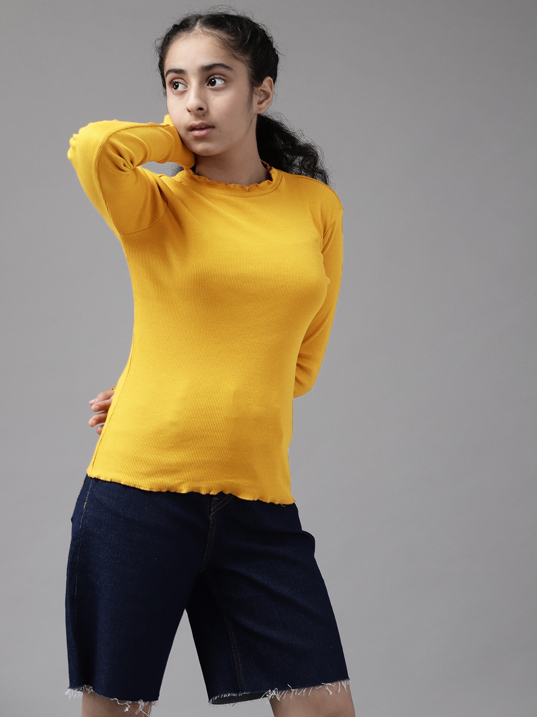

UTH by Roadster Mustard Yellow Self Striped High Neck Extended Sleeves Top