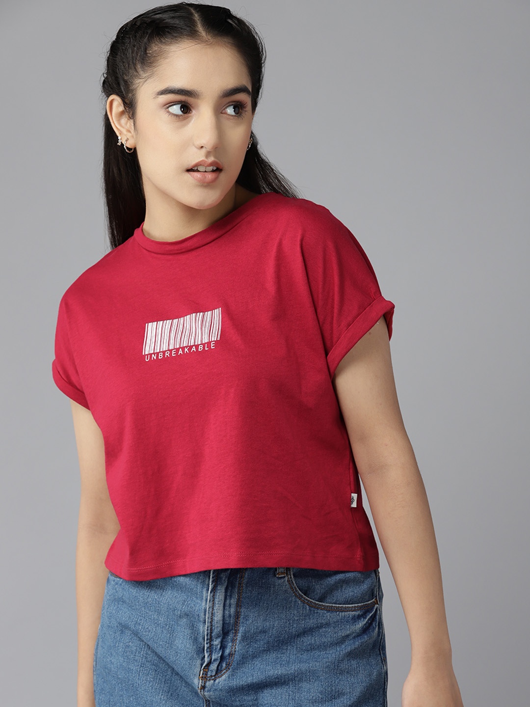 

UTH by Roadster Girls Red & White Typography Print Extended Sleeves Cotton Crop T-shirt