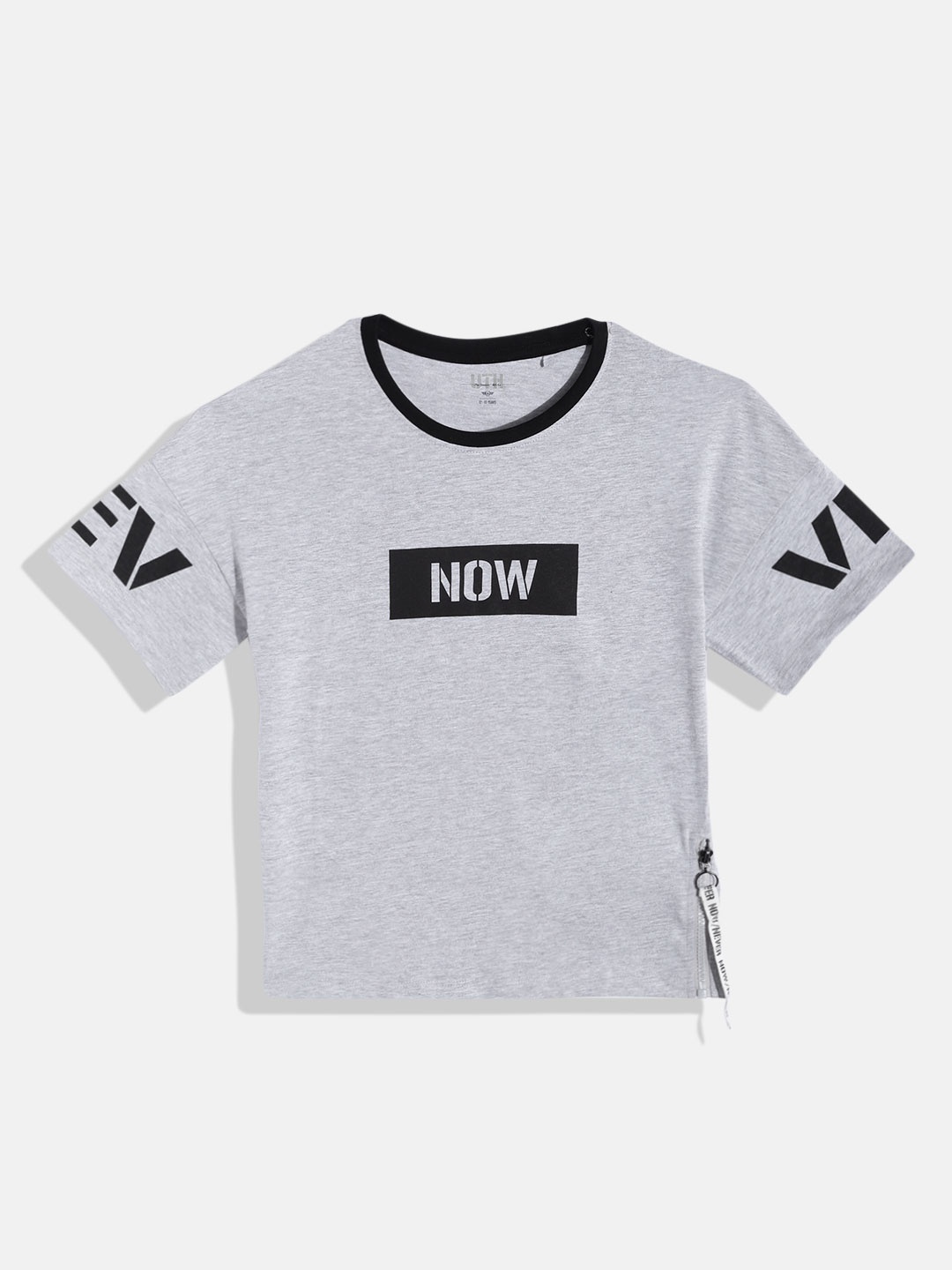 

UTH by Roadster Girls Grey Melange & Black Printed Extended Sleeves T-shirt
