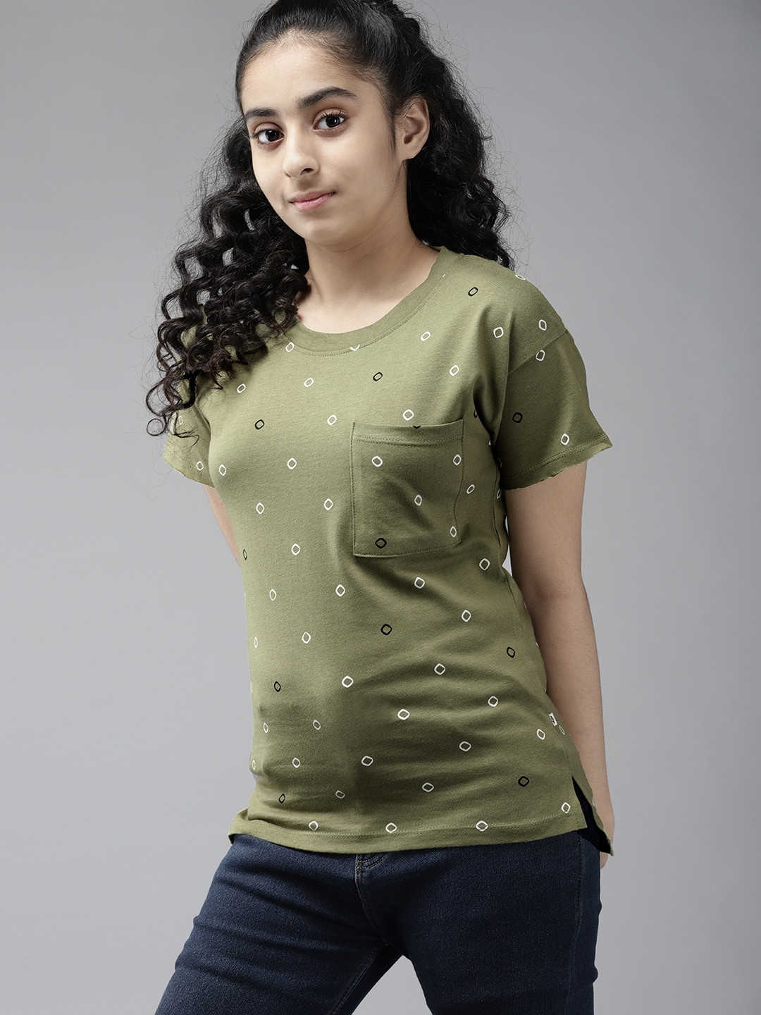 

UTH by Roadster Girls Olive Green & White Geometric Print Cotton T-shirt