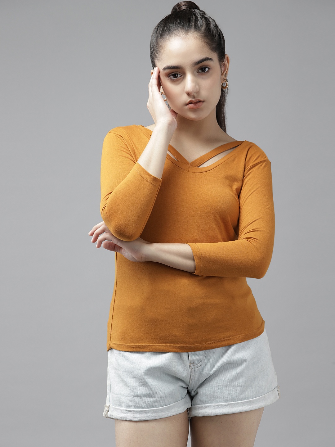 

UTH by Roadster Girls Rust Orange Solid Top with Criss-Cross Detail