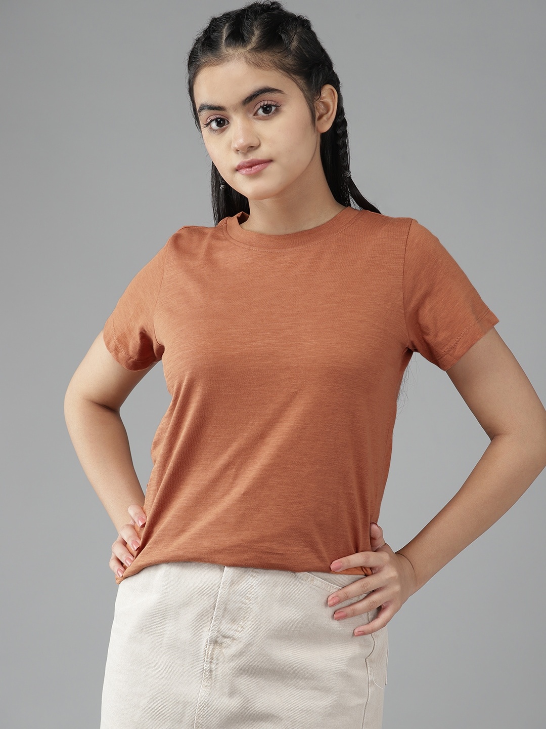 

UTH by Roadster Girls Rust Orange Solid Cotton T-shirt