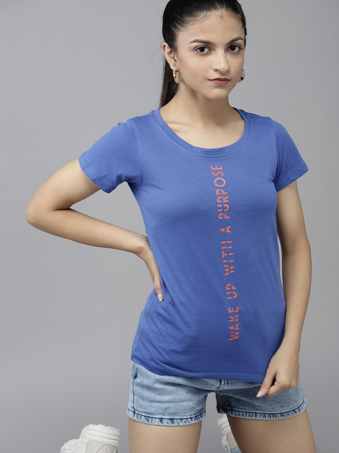 

UTH by Roadster Teen Girls Blue & Orange Pure Cotton Typography Printed T-shirt