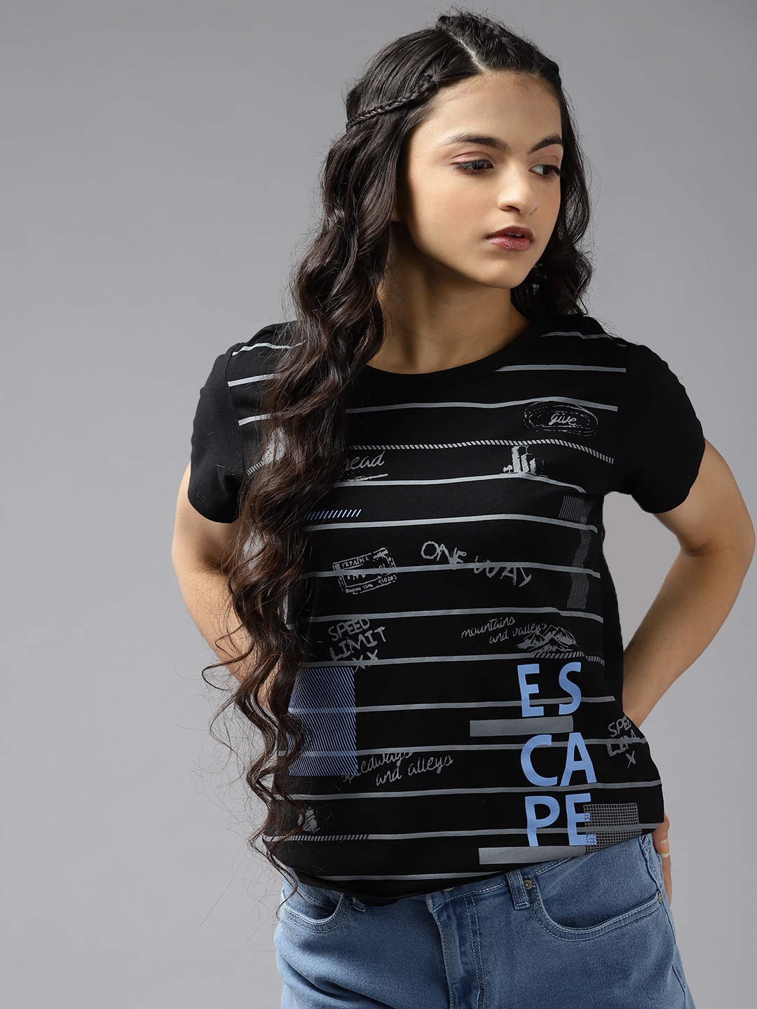 

UTH by Roadster Girls Black & Grey Striped Pure Cotton T-shirt