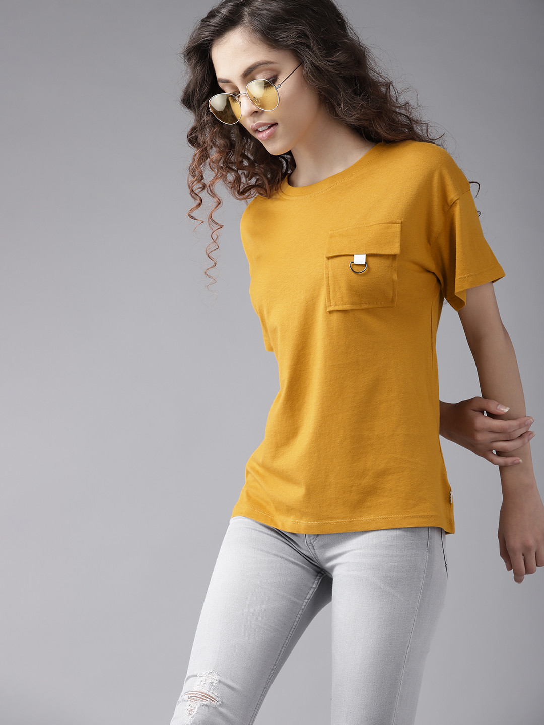 

UTH by Roadster Girls Mustard Yellow Solid Cotton T-shirt