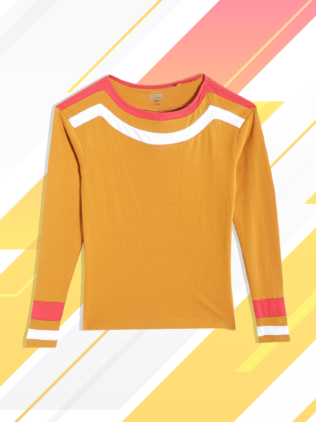 

UTH by Roadster Girls Mustard Yellow & White Pure Cotton T-shirt