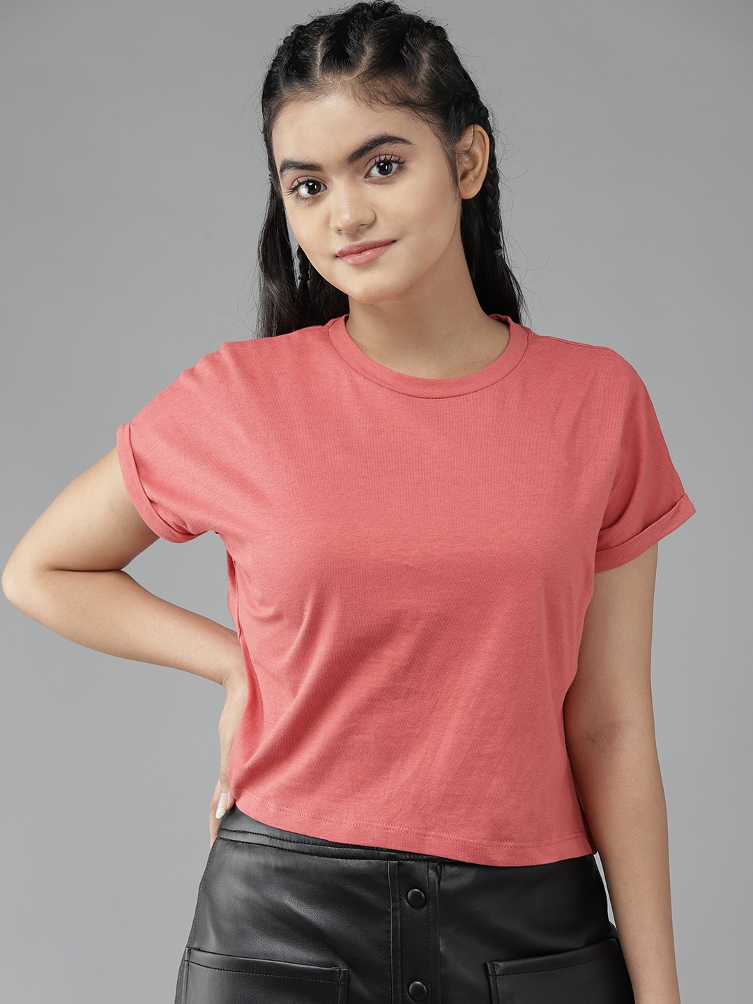 

UTH by Roadster Girls Peach-Coloured Solid Extended Sleeves Cotton T-shirt