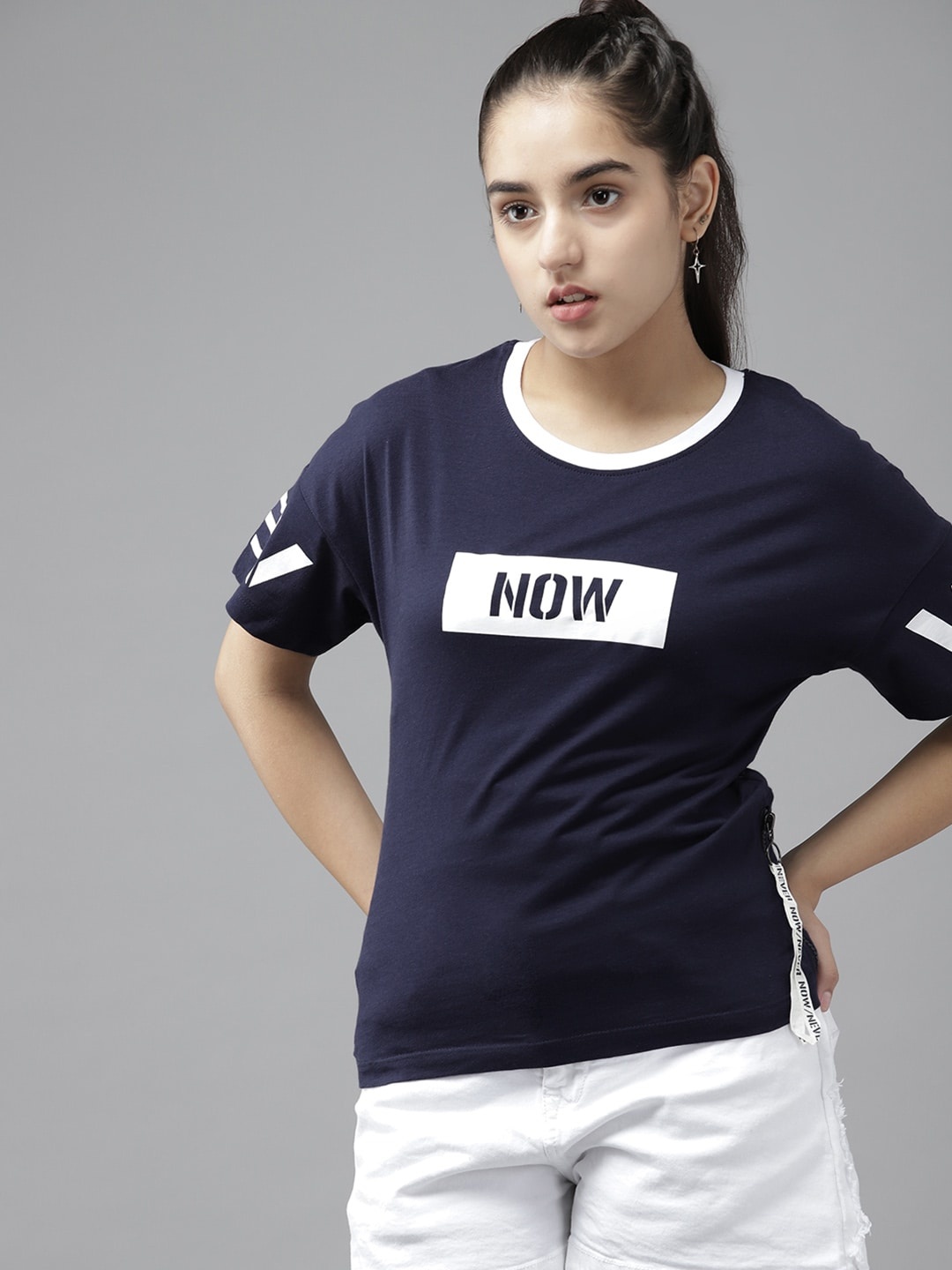 

UTH by Roadster Girls Navy Blue & White Typography Printed Pure Cotton T-shirt