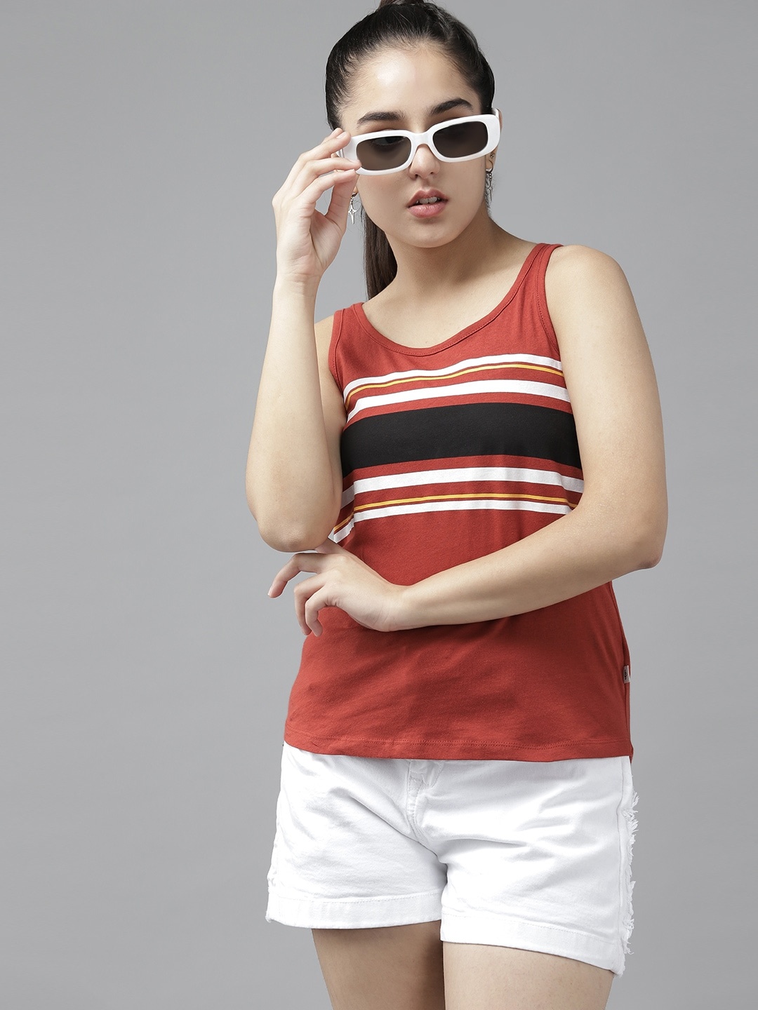

UTH by Roadster Girls Red & Black Striped Pure Cotton Sleeveless T-shirt