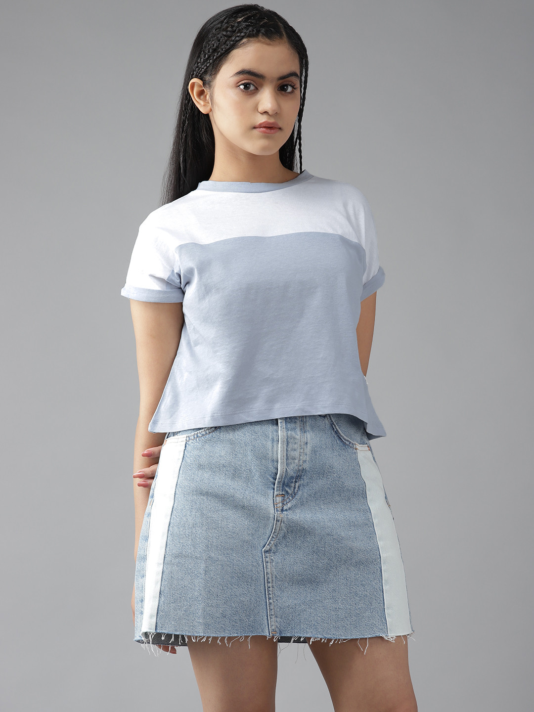 

UTH by Roadster Girls Blue & White Colourblocked Extended Sleeves Pure Cotton Crop T-shirt