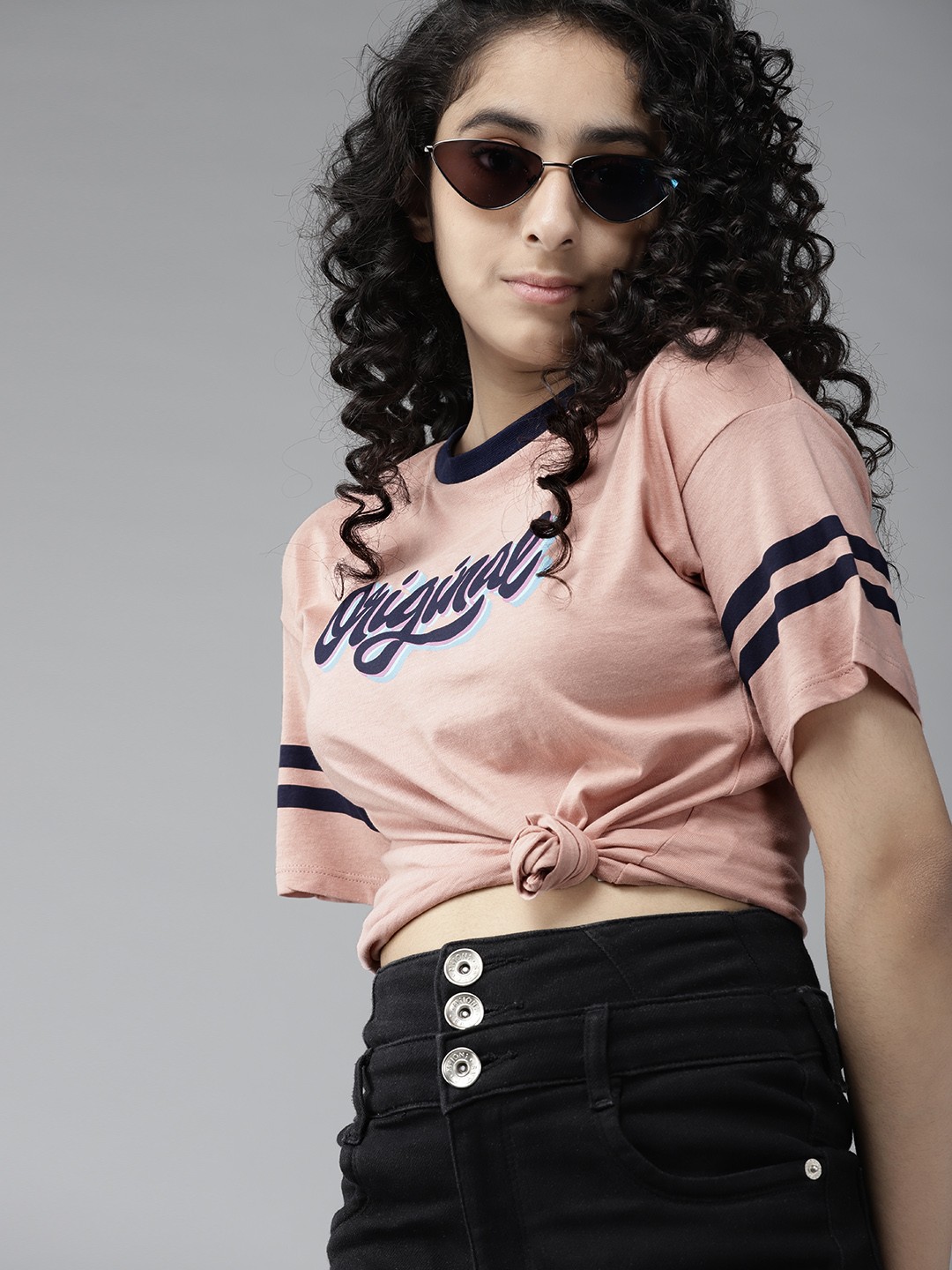

UTH by Roadster Girls Peach-Coloured & Navy Blue Typography Printed Pure Cotton T-shirt