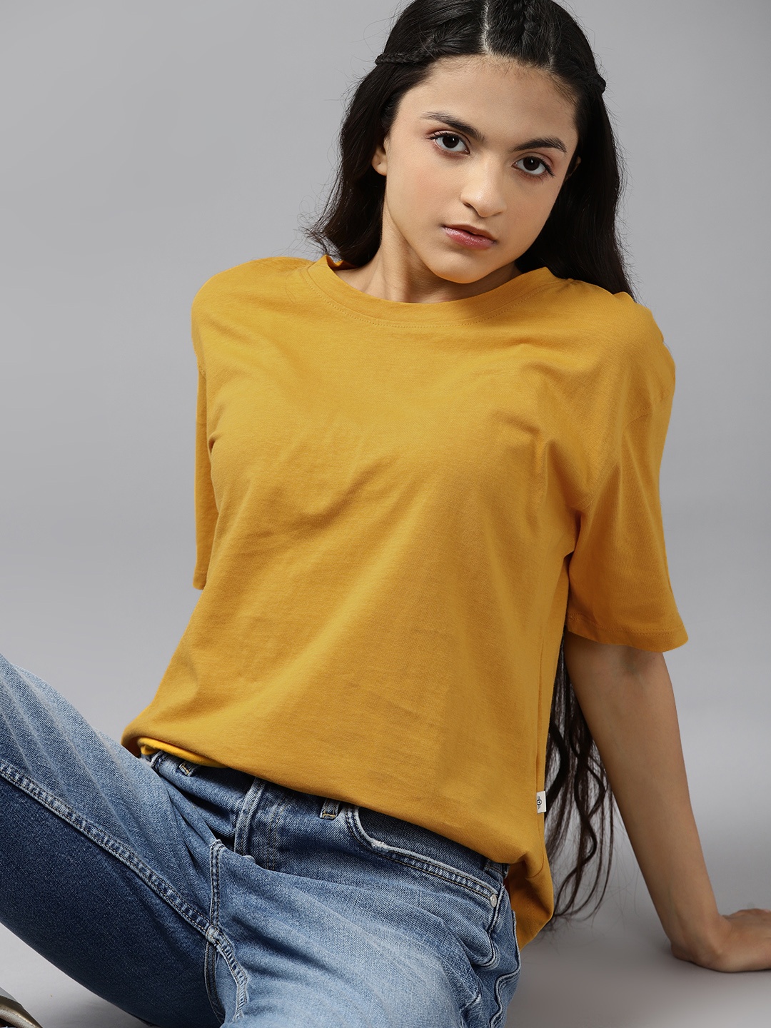 

UTH by Roadster Girls Mustard Yellow Solid Pure Cotton T-shirt