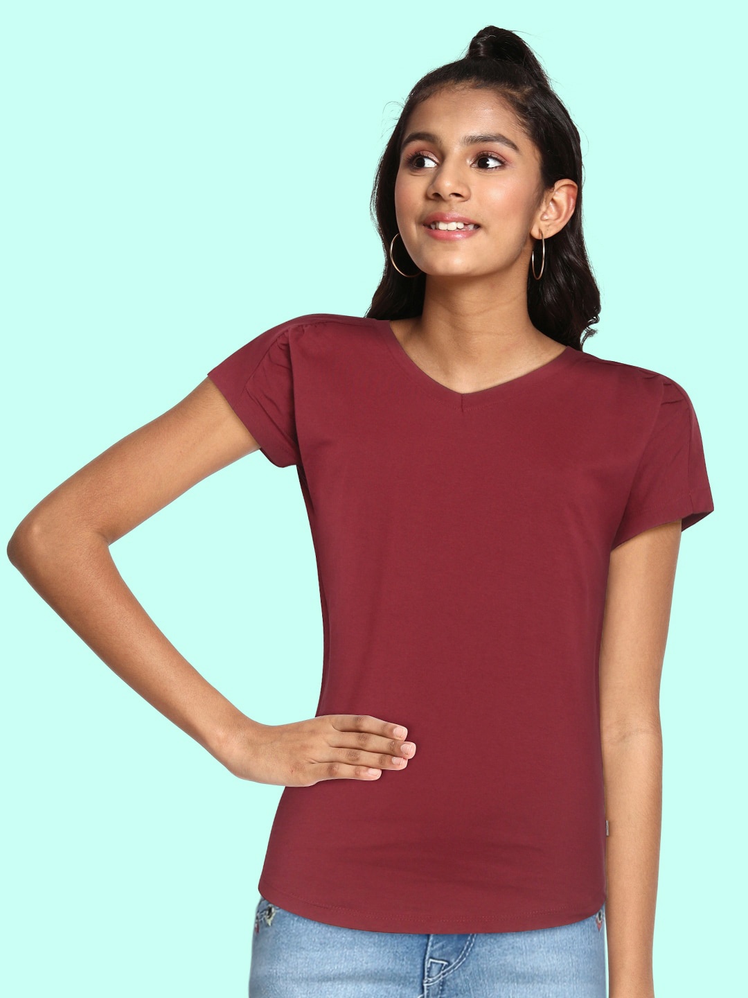 

UTH by Roadster Girls Maroon Cotton V-Neck Extended Sleeves T-shirt