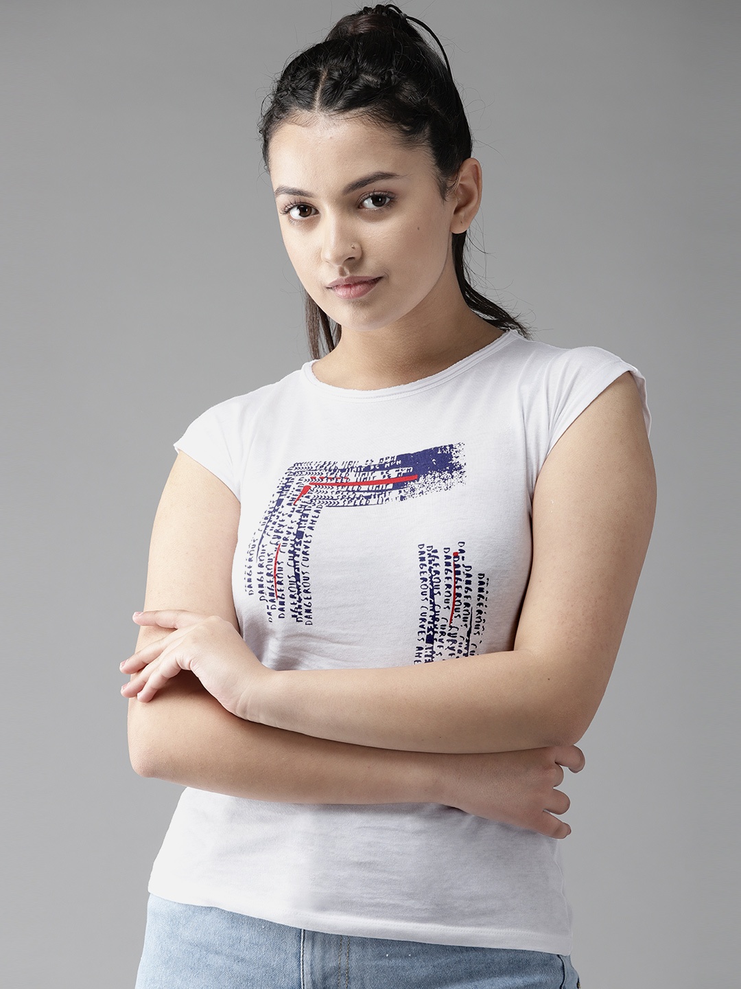 

UTH by Roadster Girls White & Navy Blue Graphic Printed Cotton T-shirt