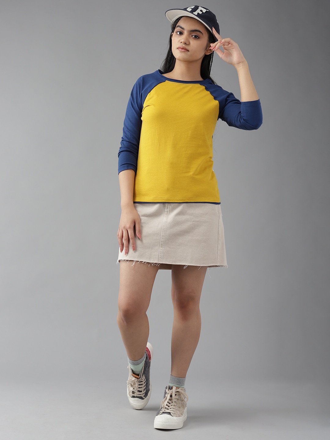 

UTH by Roadster Girls Mustard Yellow & Navy Blue Pure Cotton T-shirt