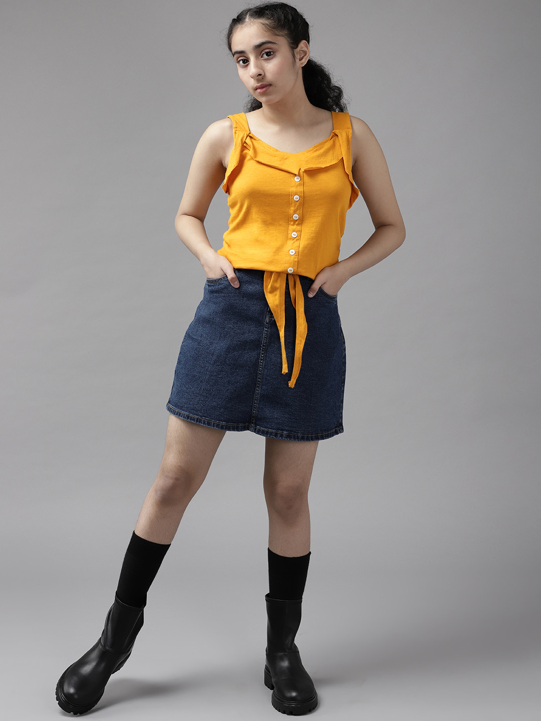 

UTH by Roadster Girls Mustard Yellow Solid Cotton Layered Top with Waist Tie-Ups