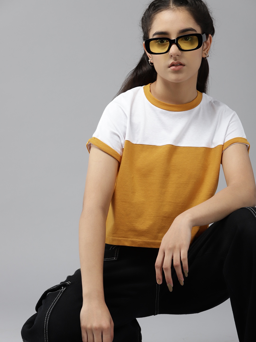 

UTH by Roadster Girls White & Mustard Yellow Colourblocked Cotton T-shirt