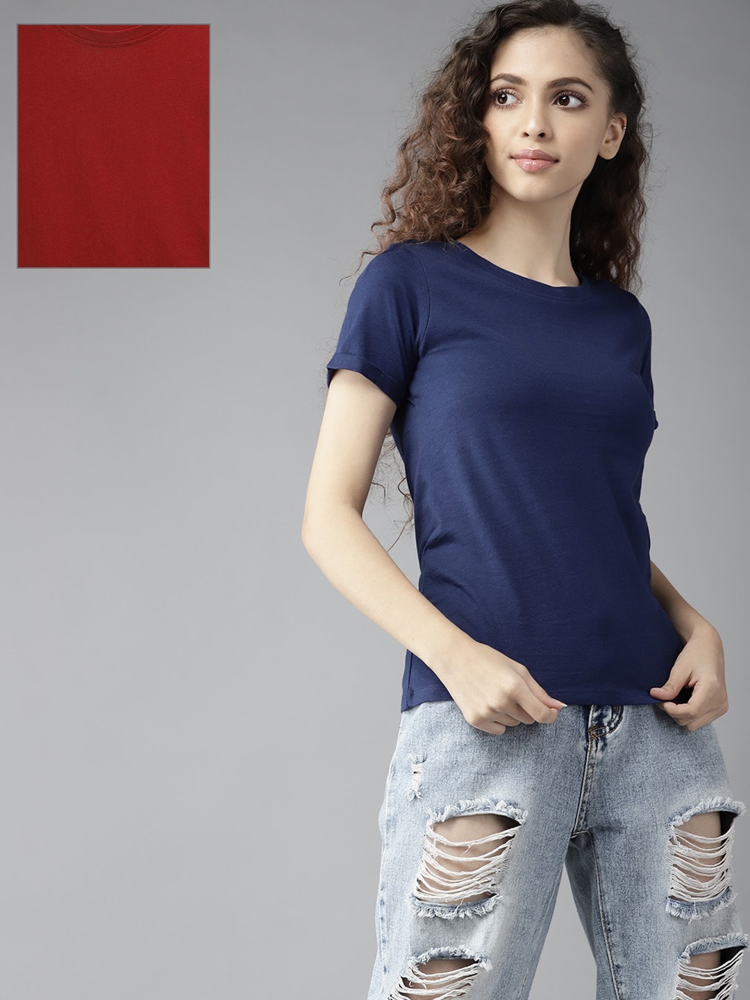 

UTH by Roadster Girls Pack of 2 Cotton Solid T-shirts, Navy blue