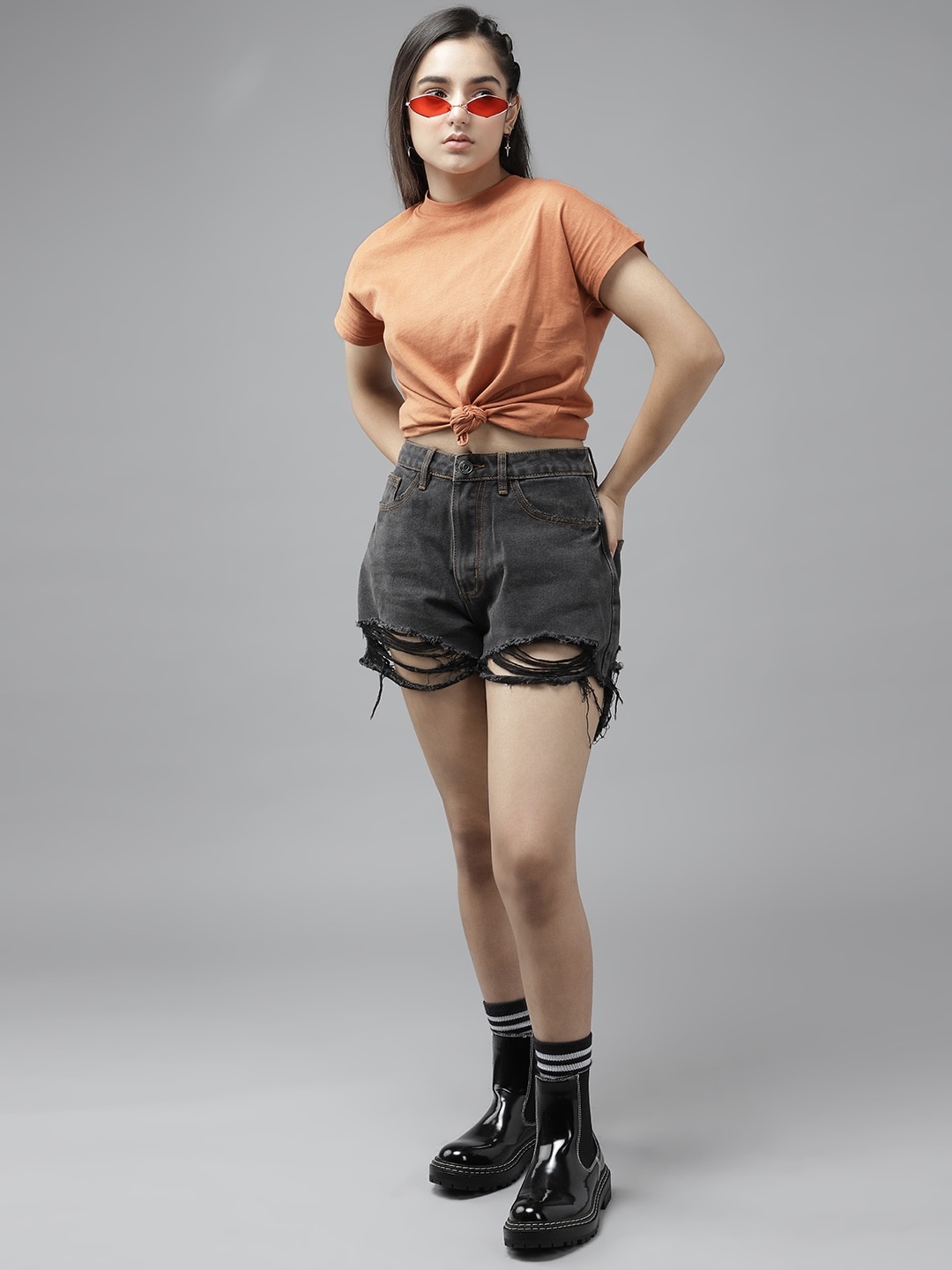 

UTH by Roadster Girls Rust Orange Solid Cotton Extended Sleeves T-shirt