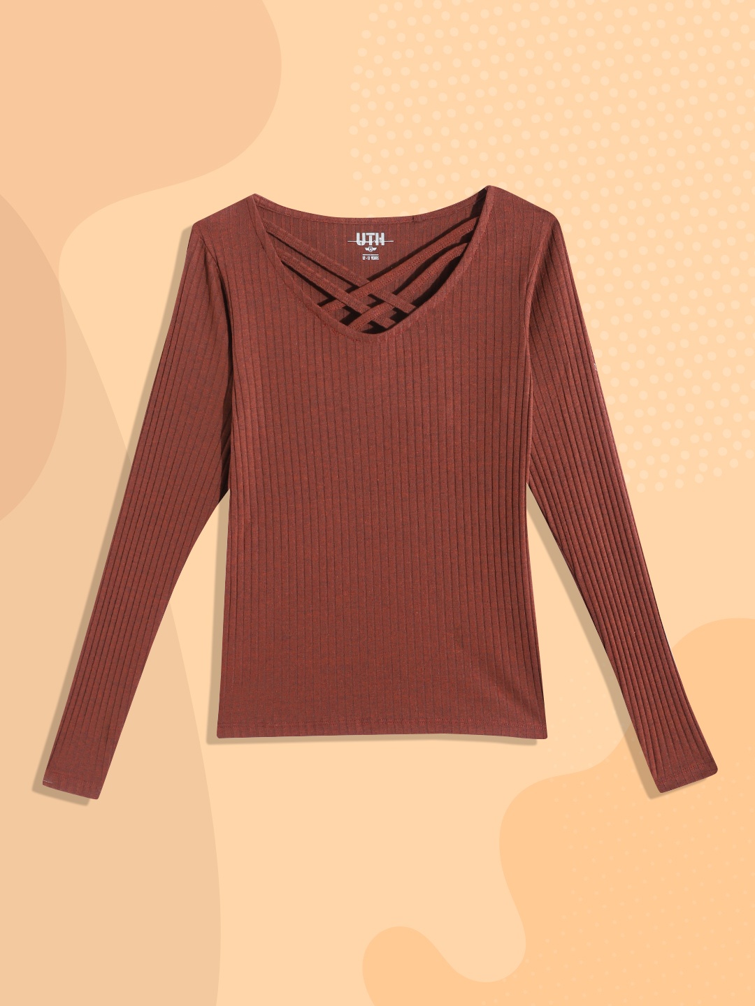 

UTH by Roadster Girls Rust Orange Melange Effect Ribbed Criss-Cross Detail Top