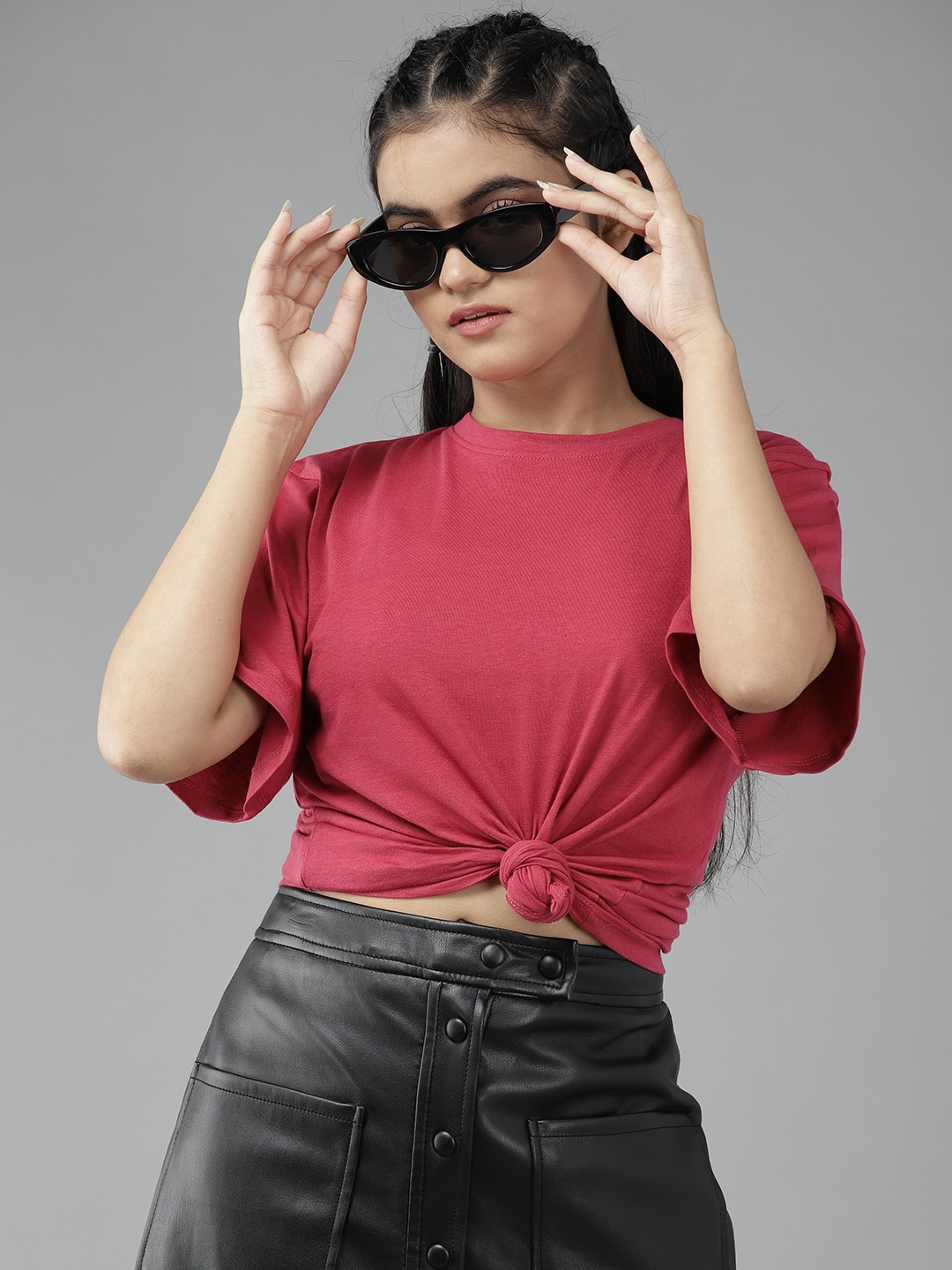 

UTH by Roadster Girls Fuchsia Pink Solid Cotton T-shirt