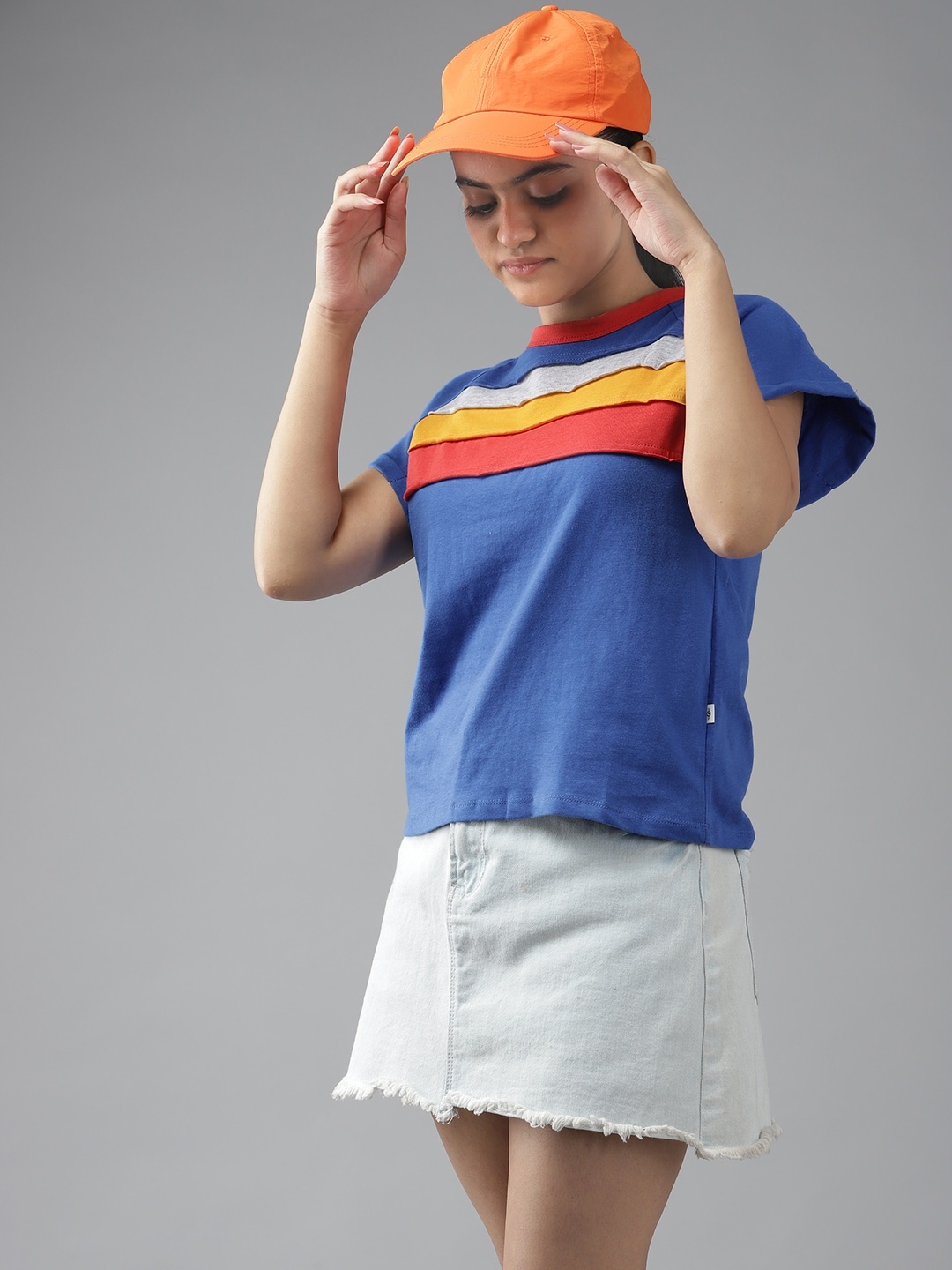 

UTH by Roadster Girls Blue & Yellow Striped Cotton T-shirt