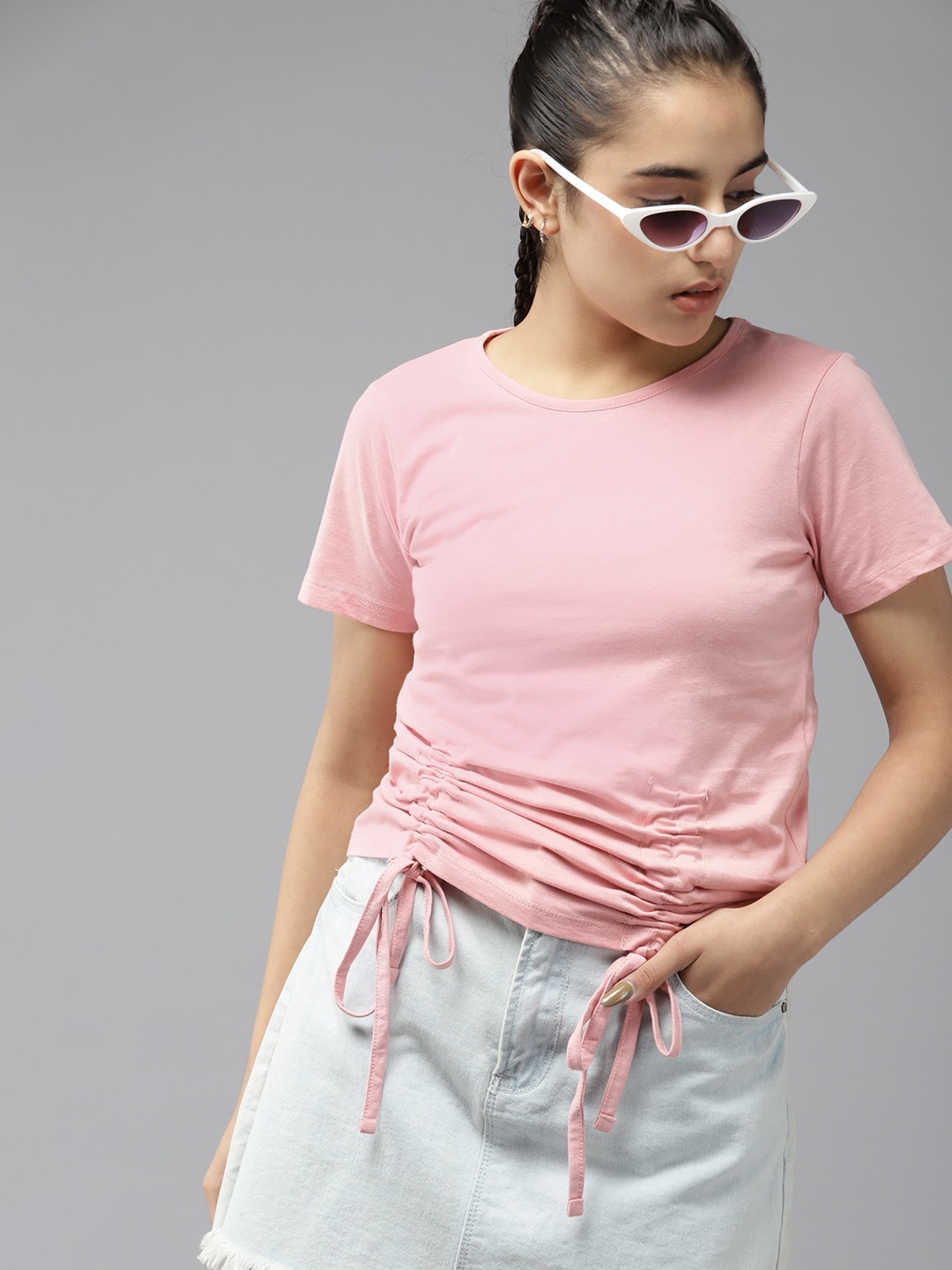 

UTH by Roadster Girls Peach-Coloured Solid Waist Tie-Ups Detail Pure Cotton Top