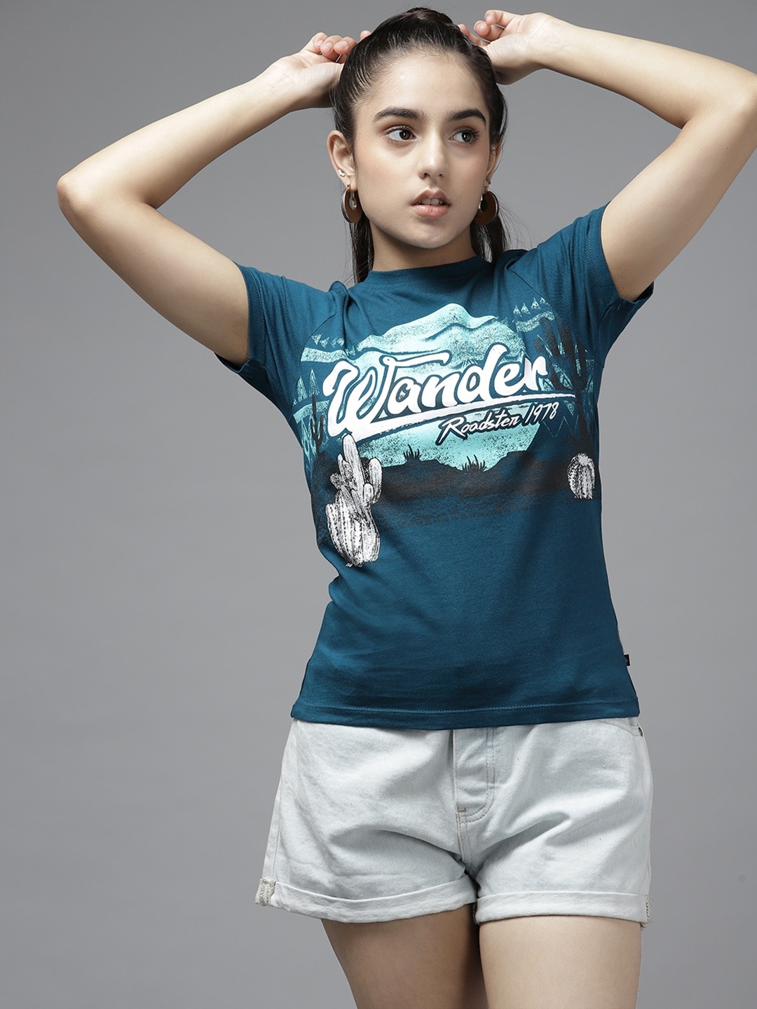 

UTH by Roadster Girls Teal Blue & White Printed Cotton T-shirt