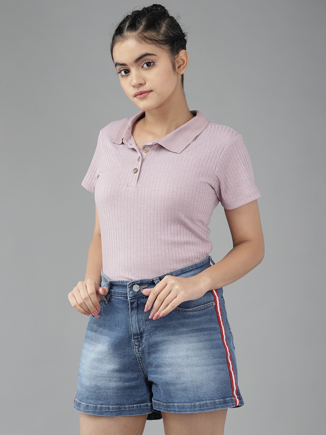 

UTH by Roadster Girls Mauve Self-Striped Polo Collar T-shirt