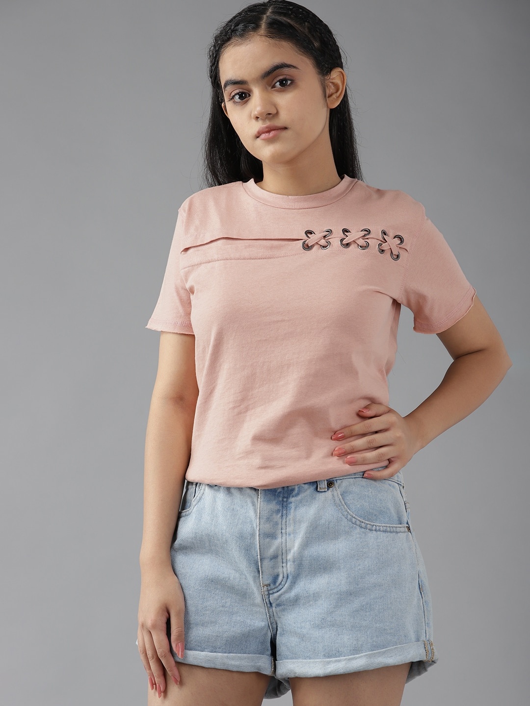 

UTH by Roadster Girls Mauve Solid Pure Cotton T-shirt