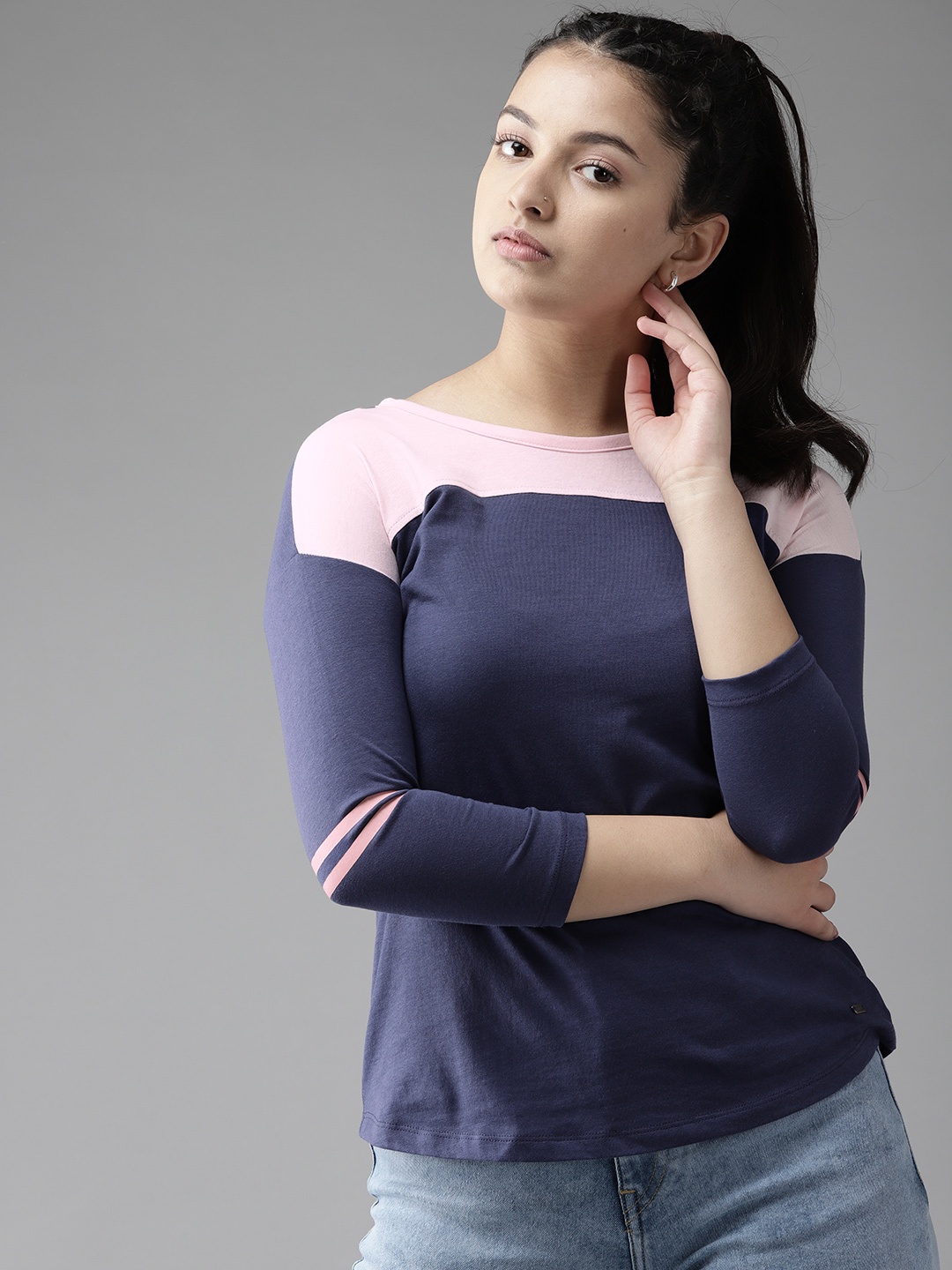 

UTH by Roadster Girls Navy Blue & Pink Colourblocked Cotton T-shirt