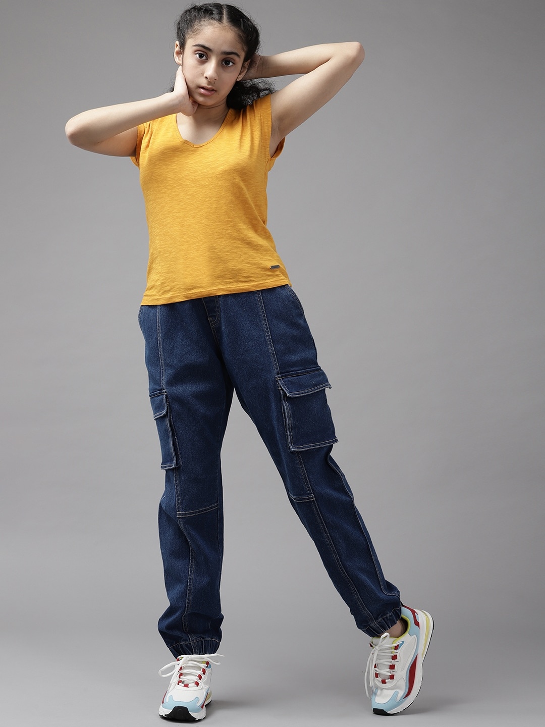 

UTH by Roadster Girls Mustard Yellow V-Neck Extended Sleeves Cotton T-shirt