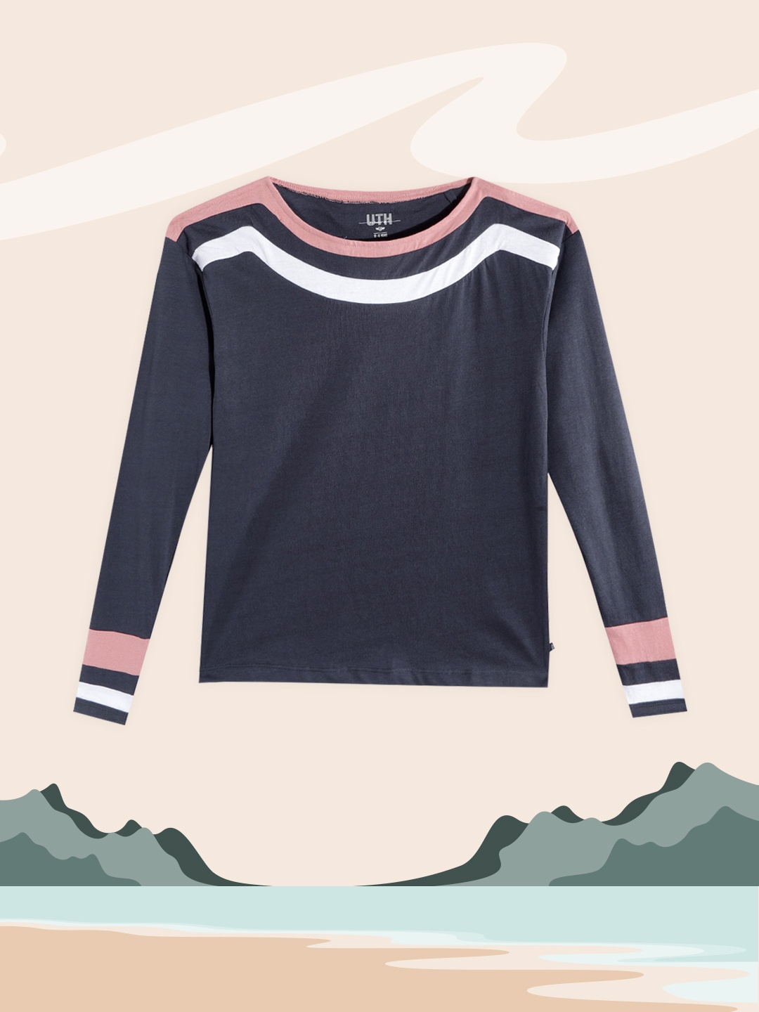 

UTH by Roadster Girls Navy Blue & White Pure Cotton T-shirt