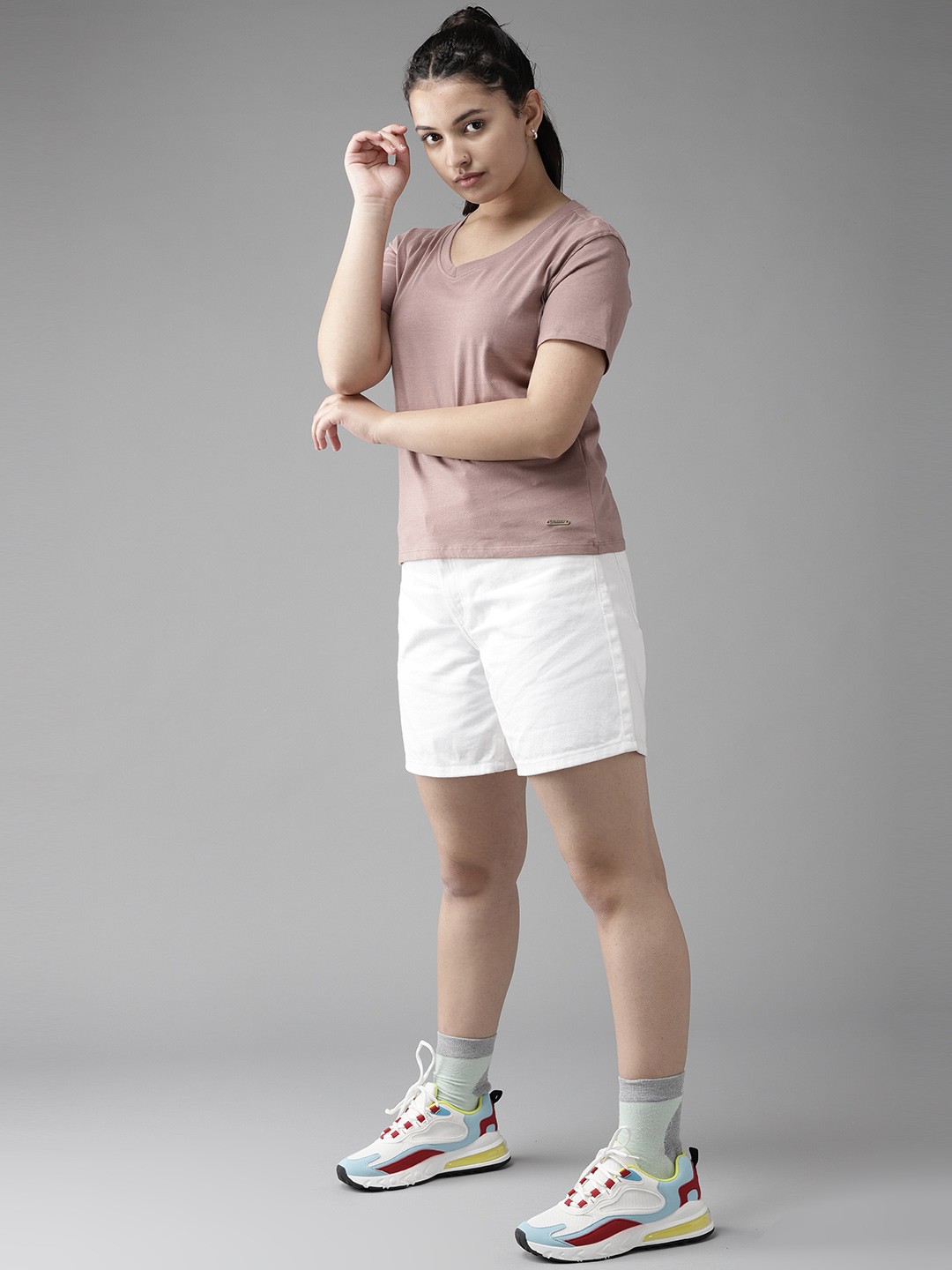 

UTH by Roadster Girls Mauve V-Neck Cotton T-shirt
