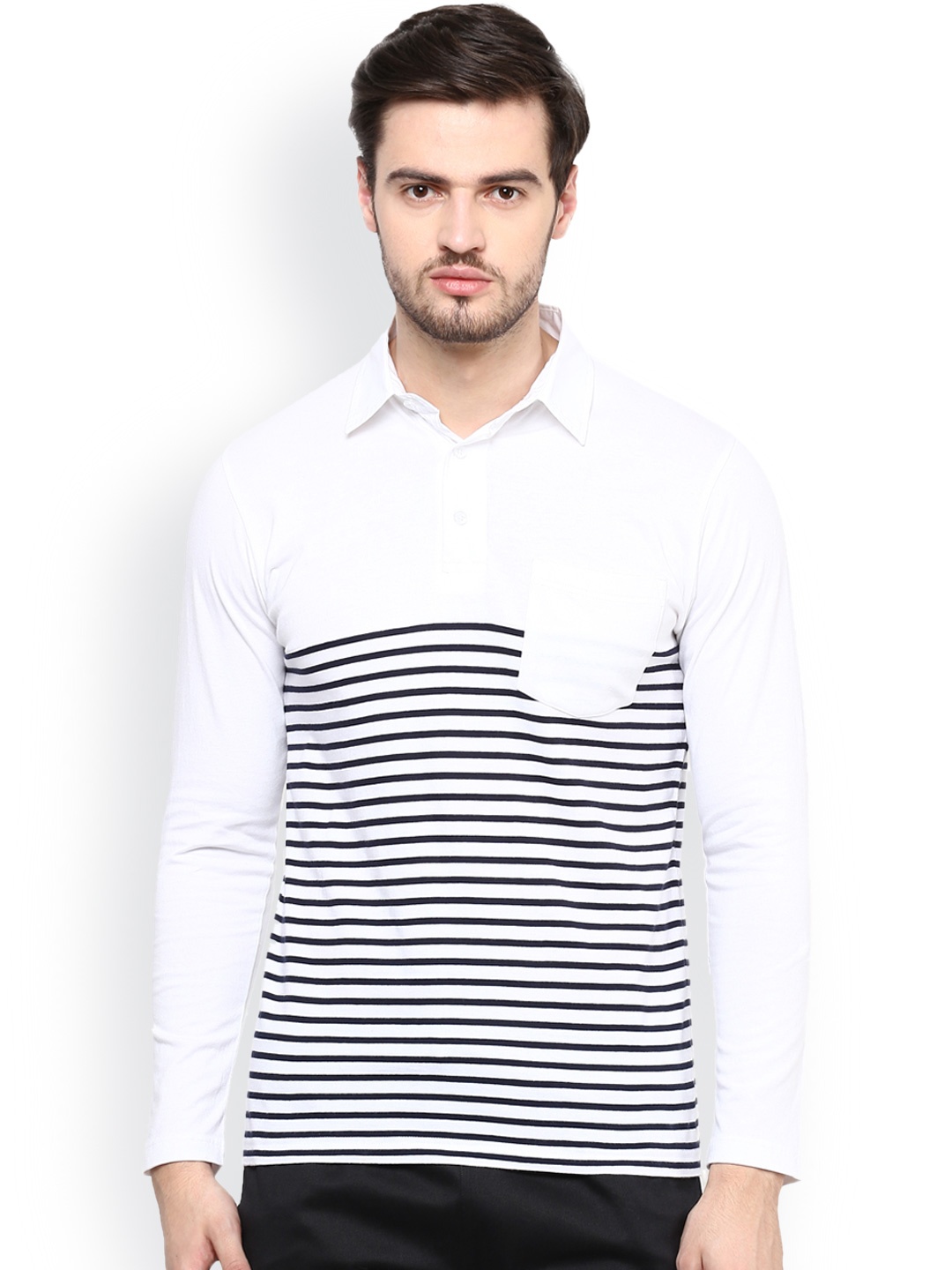 

Hypernation Men White Striped Polo T-Shirt