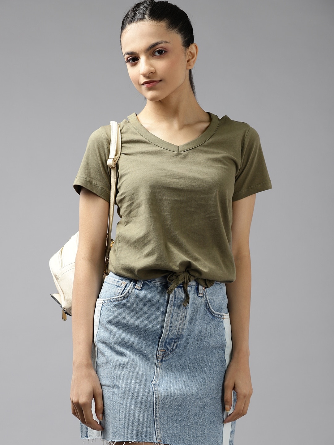 

UTH by Roadster Girls Olive Green Pure Cotton Solid Top