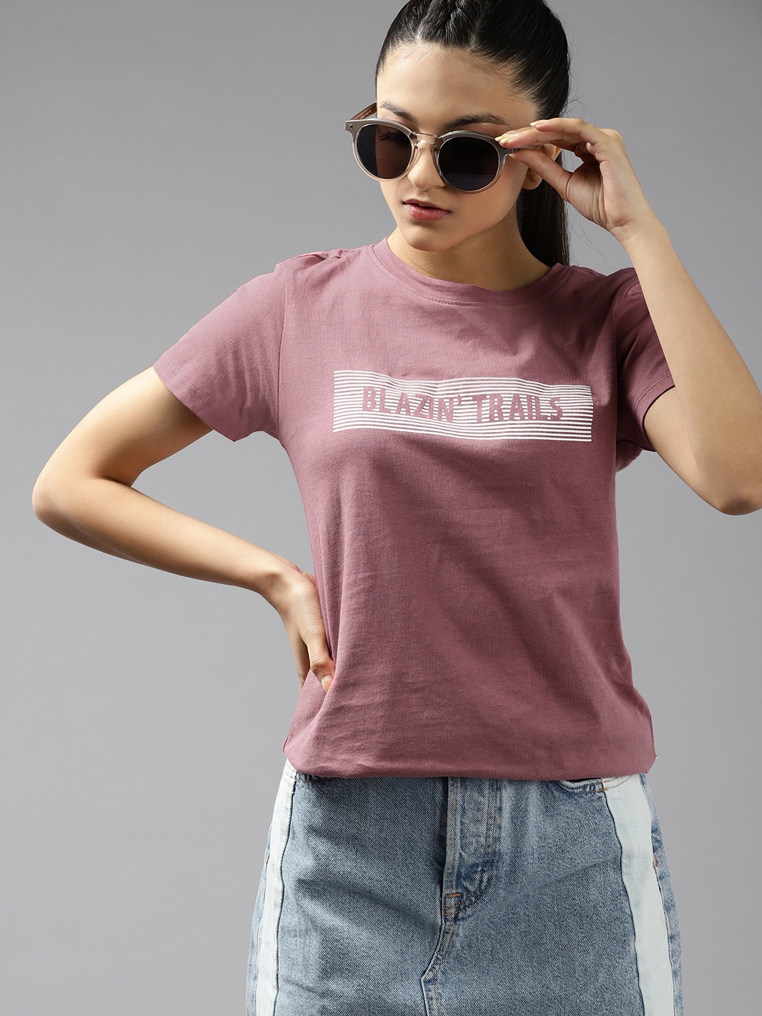 

UTH by Roadster Girls Dusty Pink & White Typography Printed Pure Cotton T-shirt