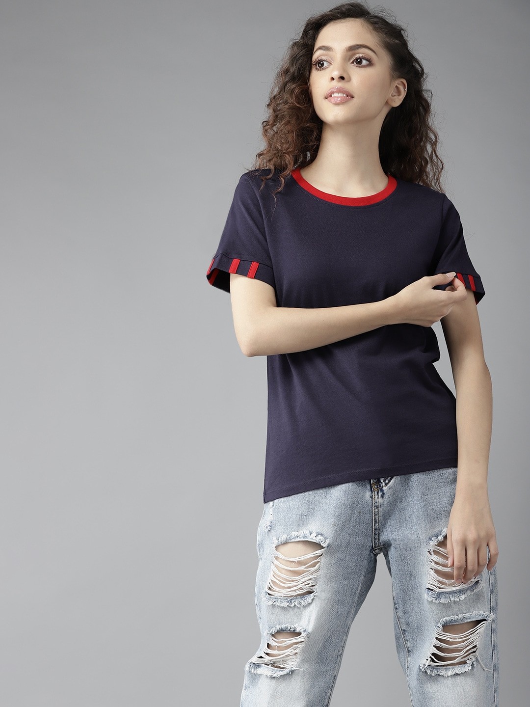 

UTH by Roadster Girls Navy Blue Solid Cotton T-shirt with Side Taping