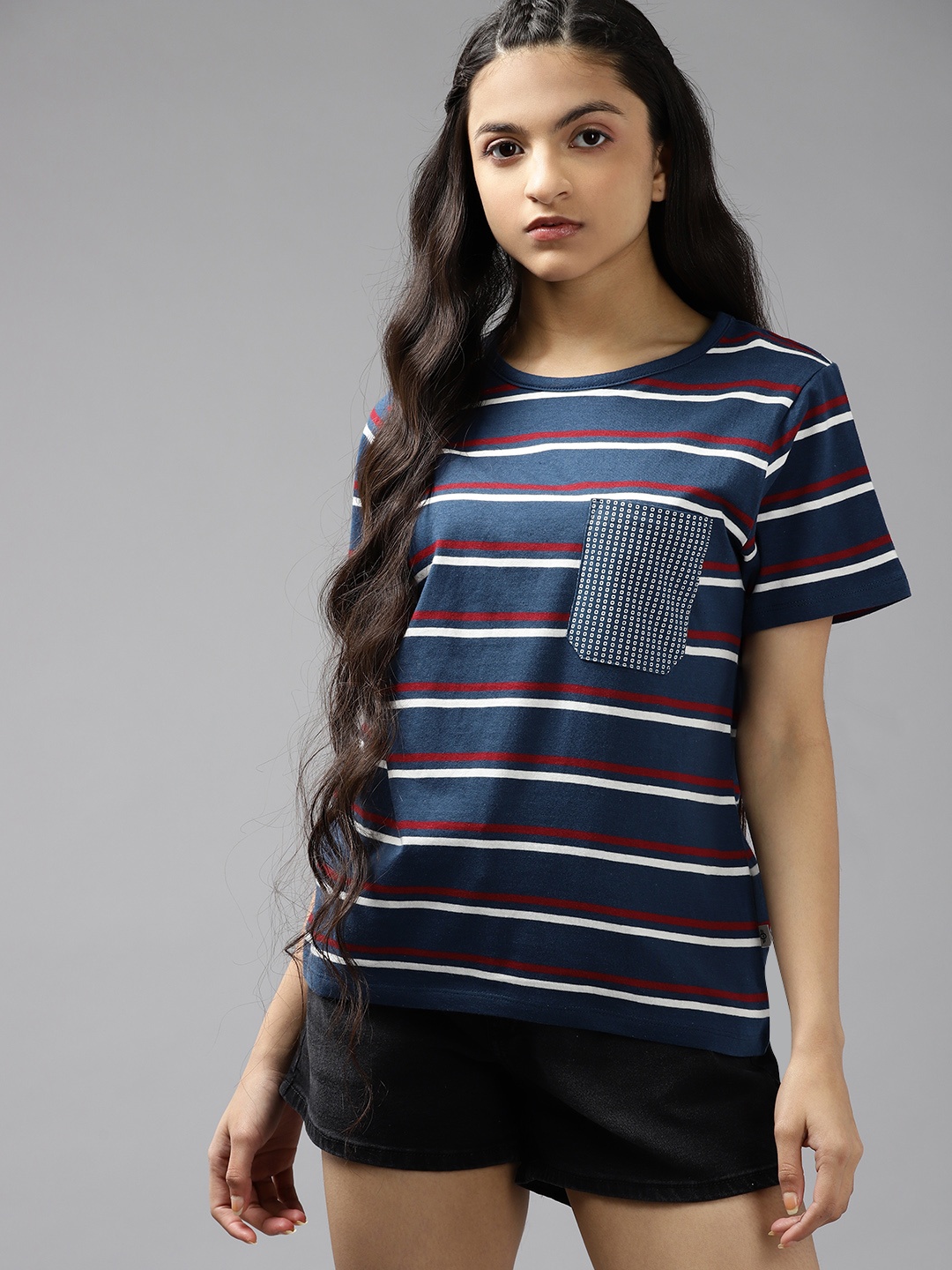 

UTH by Roadster Girls Navy Blue & White Striped Pure Cotton T-shirt