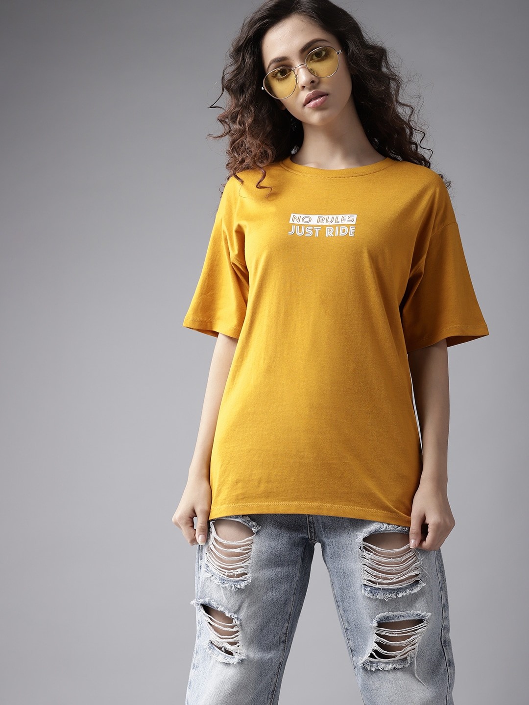 

UTH by Roadster Girls Mustard Yellow & White Typography Print Cotton T-shirt