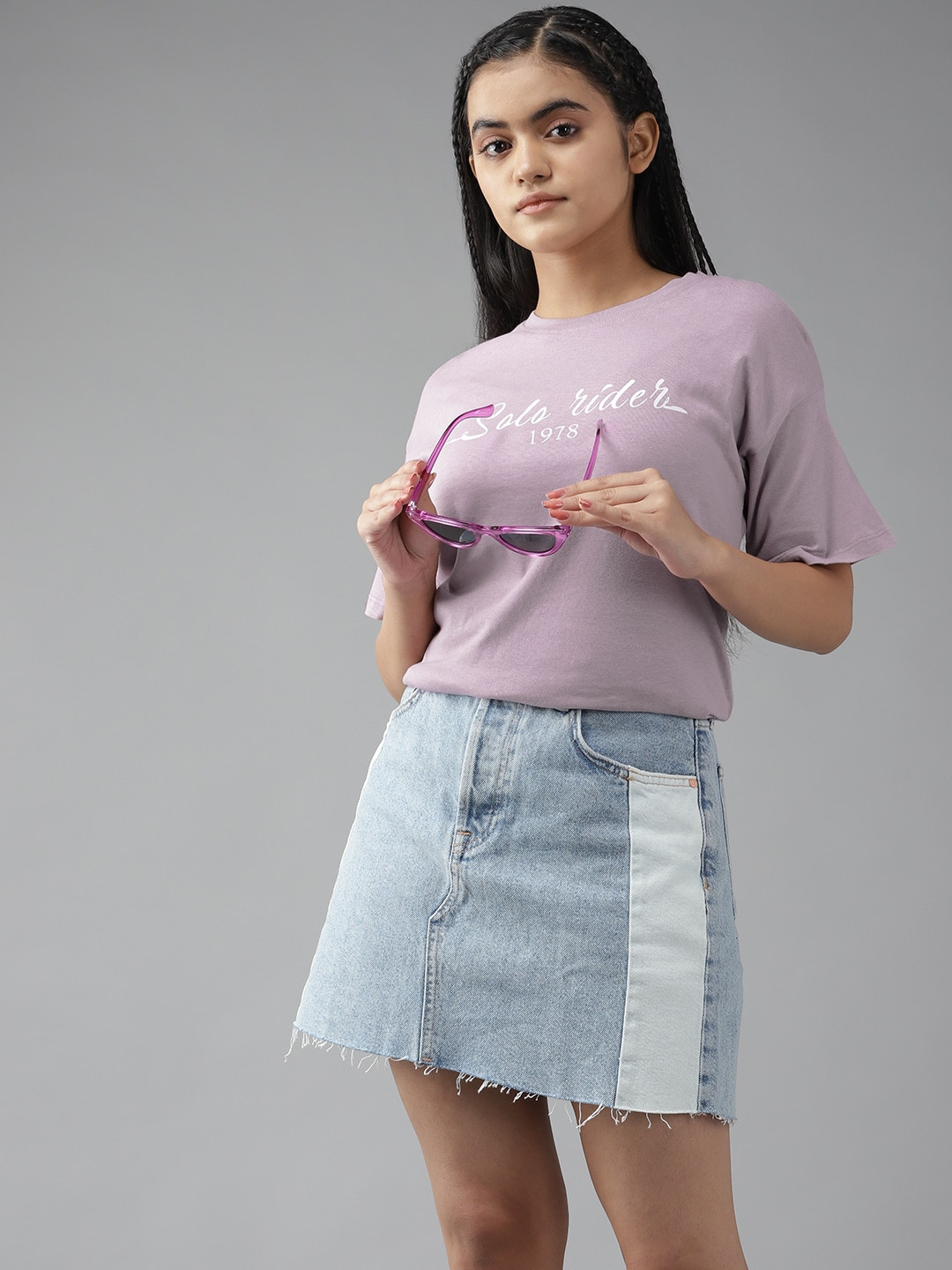 

UTH by Roadster Girls Lavender & White Typography Printed Cotton T-shirt