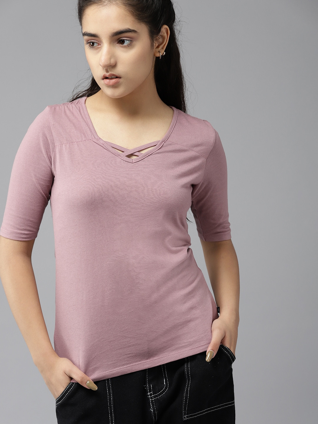 

UTH by Roadster Girls Mauve Solid Pure Cotton Top