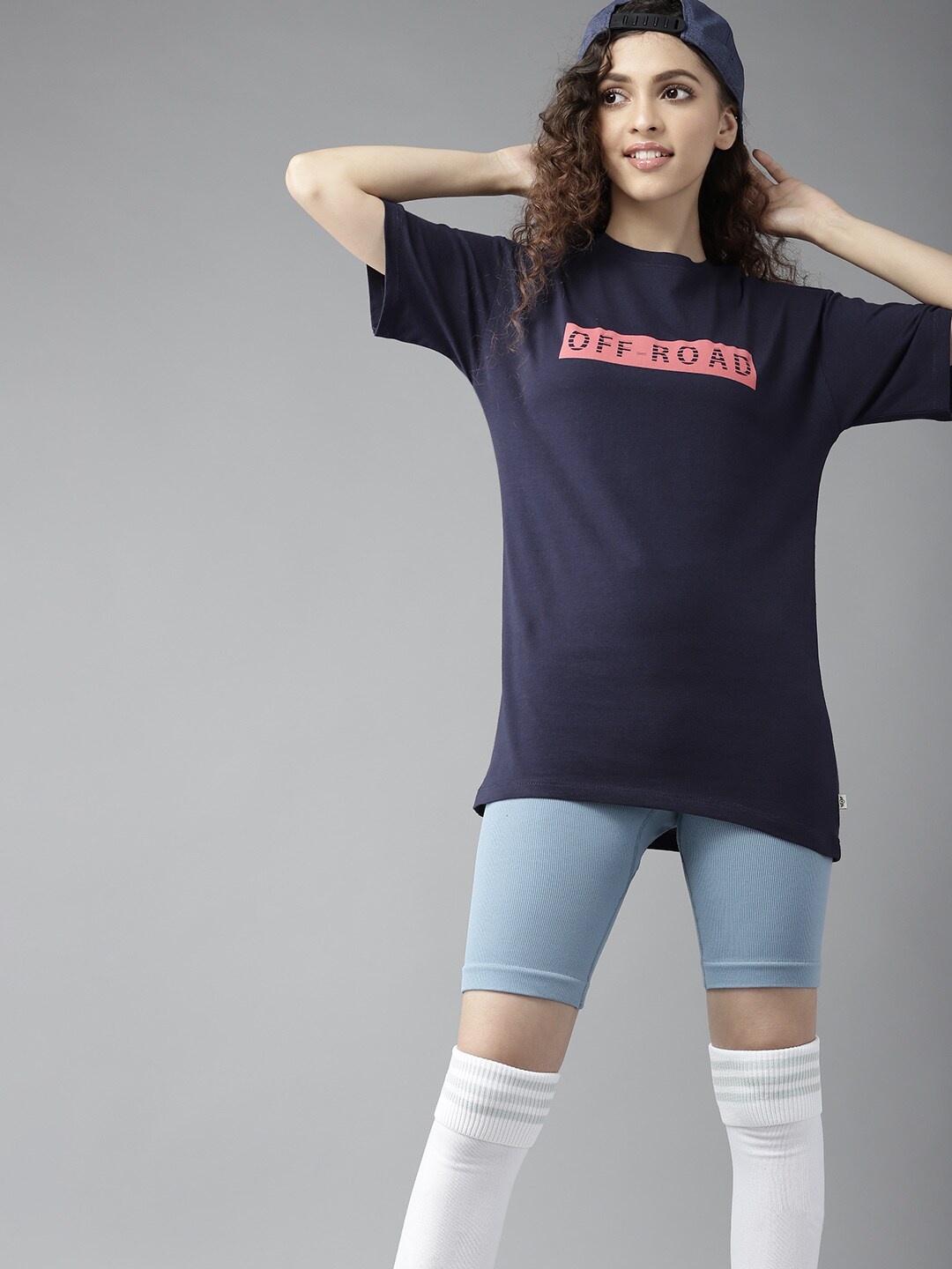 

UTH by Roadster Girls Navy Blue & Pink Typography Print Cotton T-shirt