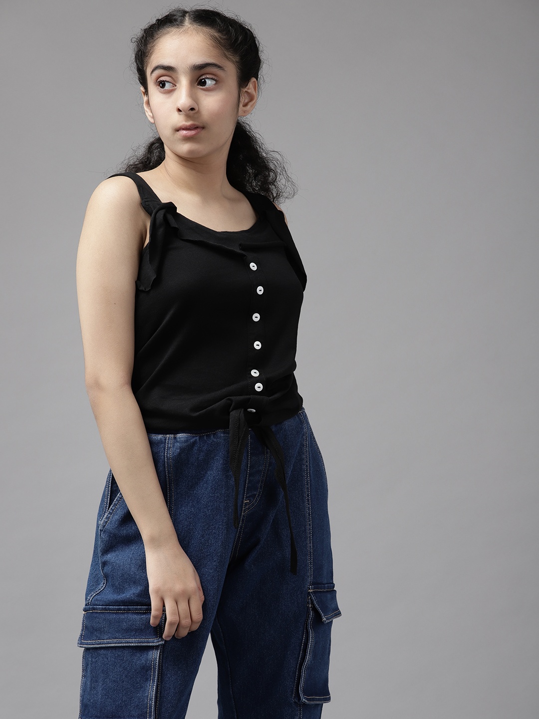 

UTH by Roadster Black Solid Cotton Layered Top with Waist Tie-Ups