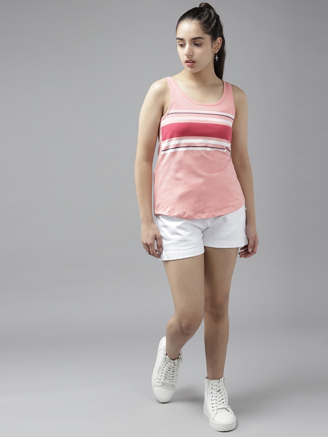 

UTH by Roadster Girls Pink & White Pure Cotton Striped Sleeveless T-shirt