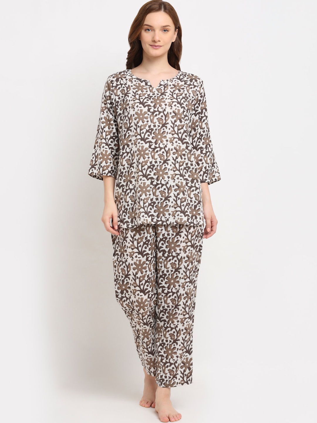 

Aujjessa Women White & Taupe Printed Night suit